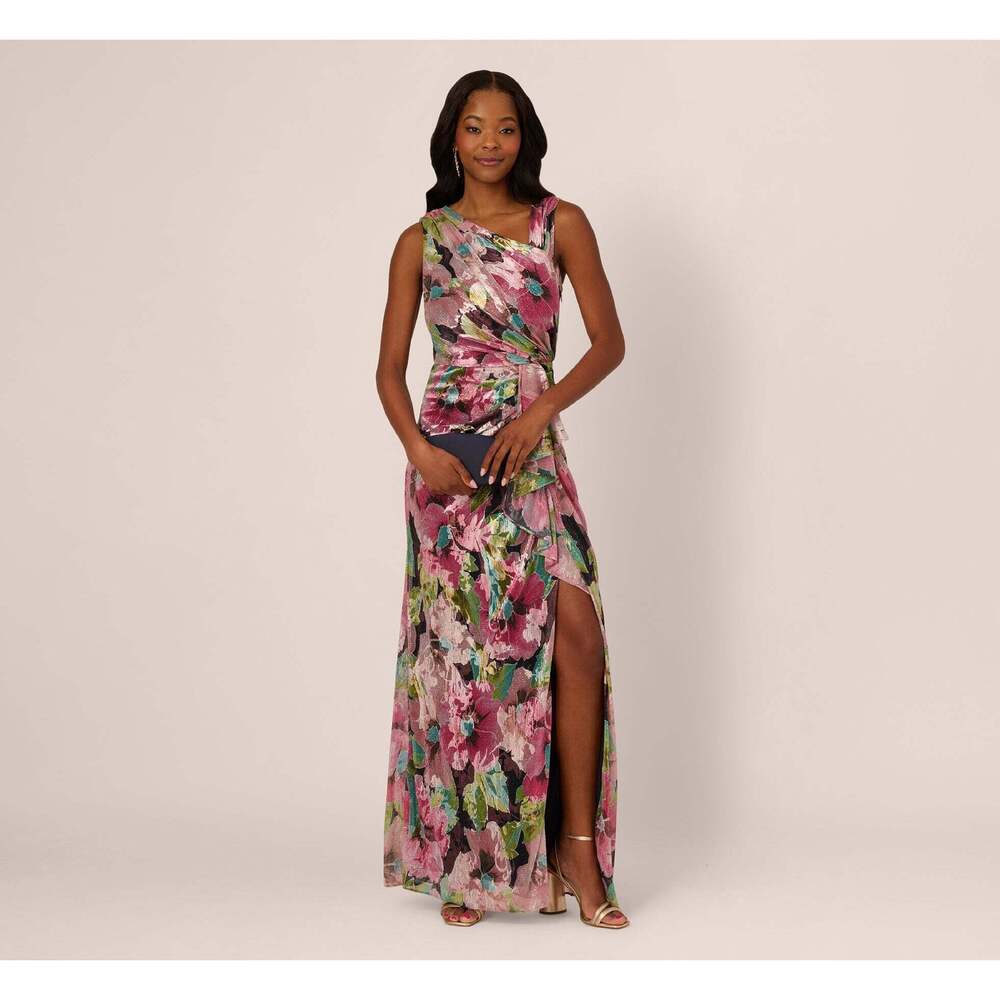 Adrianna Papell NWT Sleeveless Asymmetrical Metallic Floral Gown